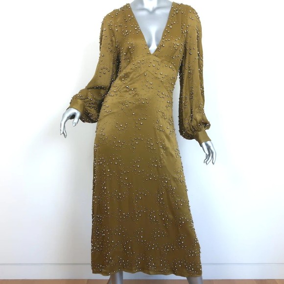 Rachel Comey Dresses & Skirts - Rachel Comey Beaded Midi Dress Desilo Olive Satin Size 4 Long Sleeve V-Neck NEW